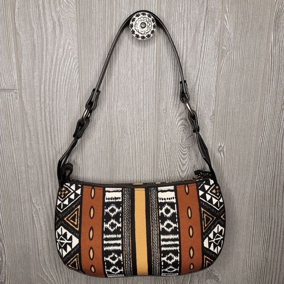 Casadei NWOT brown and black geometric pattern fabric shoulderbag. - Picture 2 of 9